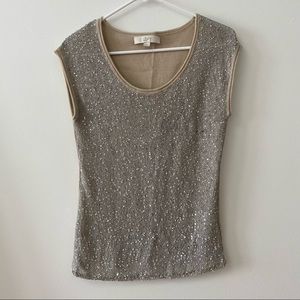 ANN TAYLOR LOFT GOLD SEQUINED BEIGE KNIT TOP
